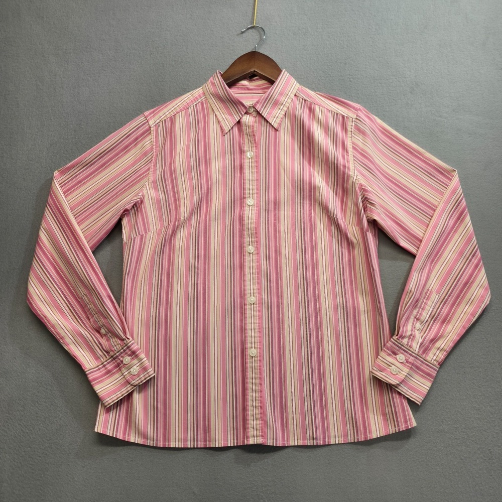 Vintage LL Bean Women's Pink Striped Long Sleeve Button Up Shirt Size Small